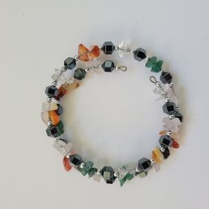 Vintage Semi Precious Gemstone Chips Memory Wire Bracelet